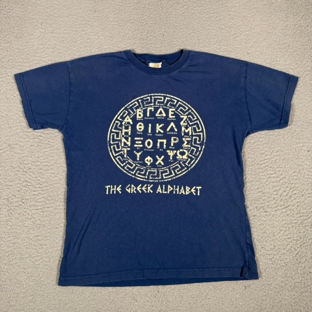 Greek Alphabet Shirt Mens Small Blue Graphic Tee Casual Preppy 100% Cotton Logo